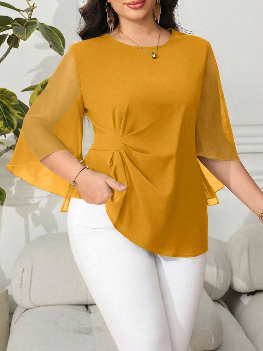 Reflora Plus Size Summer Elegant Commuter Solid Color Pleated Asymmetric Hem Blouse Fall - Yellow - View 1
