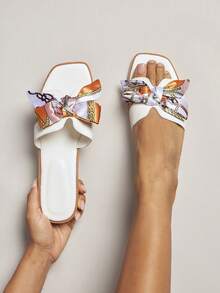 SHUZIA Sandal đế bằng nữ thanh lịch trang trí ruy băng - trắng - Xem 3