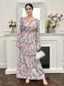 Yasmyna Women's Notched Neck Floral Print Ruched Waist Flare Sleeve Arabic Style Dress - Multicolor - View 4