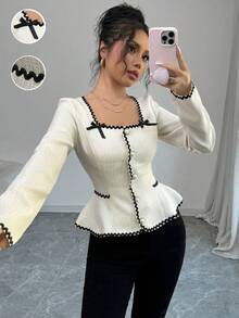 Selianne 女式优雅撞色饰边蝴蝶结装饰收腰衬衫，秋季 - 杏色 - 查看 6