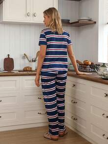SHEIN Women's Navy, Red & White Striped V-Neck Faux Placket Short Sleeve Loose Casual Pajama Set - Navy Blue - View 3