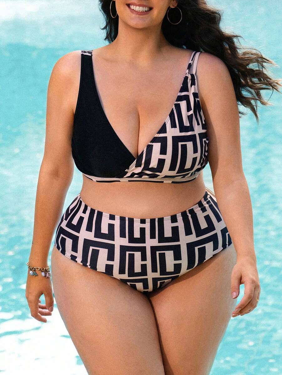 Swim Lushoire Plus Size Women Asymmetric Design Plaid Print Beach Vacation Style Swimsuit 2 Pieces Set, Elegant Contrast Color Swimwear For Holiday - Black - View 1