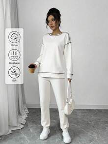 EURMUSE Women's Solid Color Round Neck Drop Shoulder Long Sleeve Sweatshirt And Pants Casual Suit - White - View 1