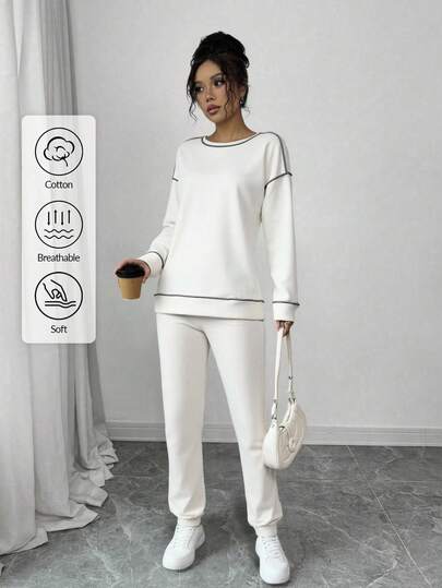 EURMUSE Women's Solid Color Round Neck Drop Shoulder Long Sleeve Sweatshirt And Pants Casual Suit