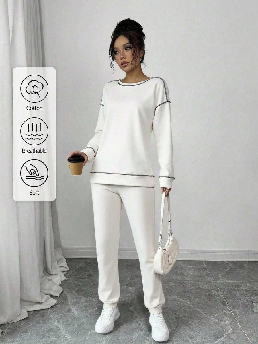 EURMUSE Women's Solid Color Round Neck Drop Shoulder Long Sleeve Sweatshirt And Pants Casual Suit - White - View 1