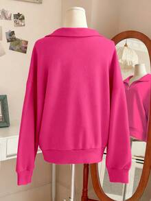 Lalippa 女士宽松拉链卫衣 - 玫紅色 - 查看 2