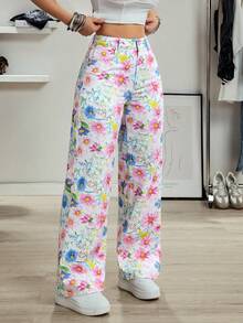 SHEIN EZwear Quần jean denim nữ in hoa kiểu dáng thường ngày - Nhiều màu - Xem 6