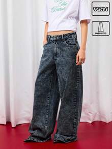 COUREZ 低腰超宽松水洗牛仔裤，后袋饰有蝴蝶结 / Y2K 低腰牛仔裤 秋季女装 秋季外出穿搭 低腰牛仔裤 - 藍色 - 查看 1