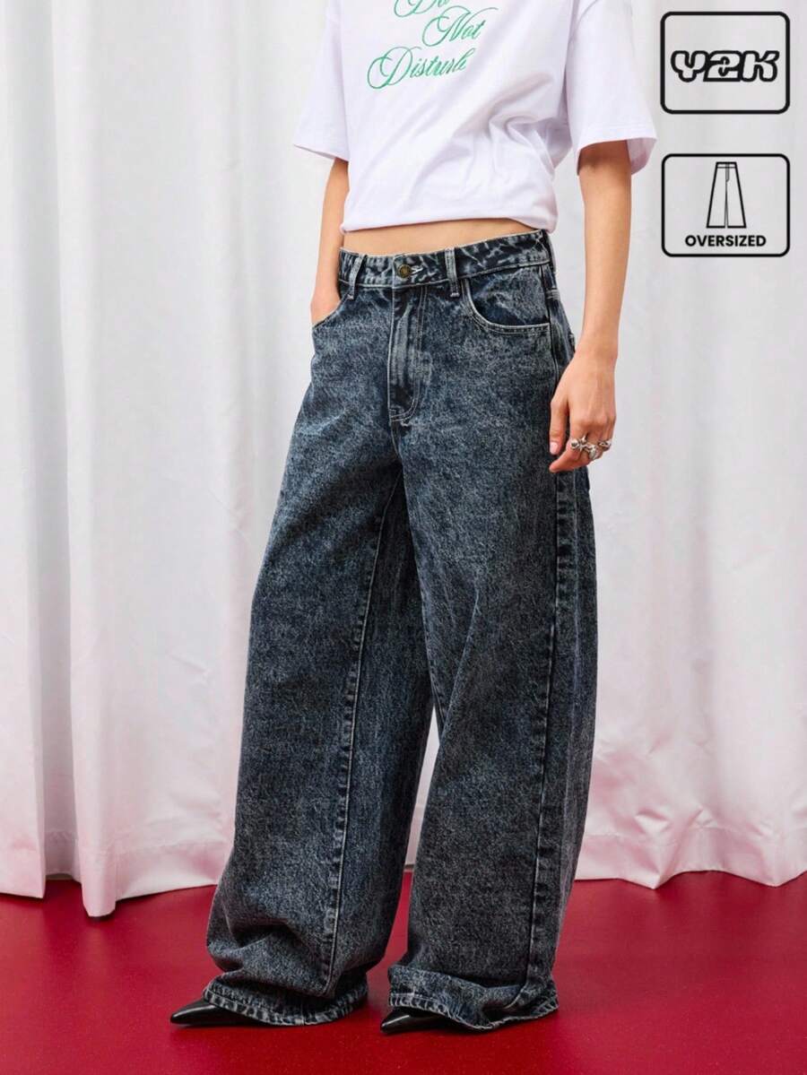 COUREZ 低腰超宽松水洗牛仔裤，后袋饰有蝴蝶结 / Y2K 低腰牛仔裤 秋季女装 秋季外出穿搭 低腰牛仔裤 - 藍色 - 查看 1