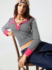 SoleilVie Áo thun nữ cổ tròn kẻ sọc tương phản mới, kiểu dáng thường ngày với cúc trang trí, tay dài, áo kẻ sọc, áo thun kẻ sọc, áo kiểu thường ngày cho nữ, thích hợp cho kỳ nghỉ xuân, du lịch, lễ hội, áo kẻ sọc nữ lễ hội, áo dệt kim kẻ sọc, áo mùa hè, áo kiểu nữ phong cách preppy. - Đen và trắng - Xem 1