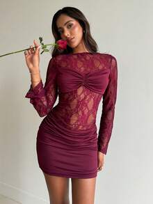 Aloruh Women's Elegant Round Neck Lace Patchwork Top And High Waist Mini Skirt 2 Piece Set,Valentine Outfits For Women,Party Sets For Women - Burgundy - View 2