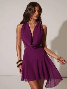 SHEIN BAE Vestido mini de línea A con decoración metálica, escote halter y espalda descubierta, de unicolor, adecuado para citas, vacaciones, fiestas y cumpleaños. Vestido morado, adecuado para citas y fiestas. - Lila Púrpura - Ver 1