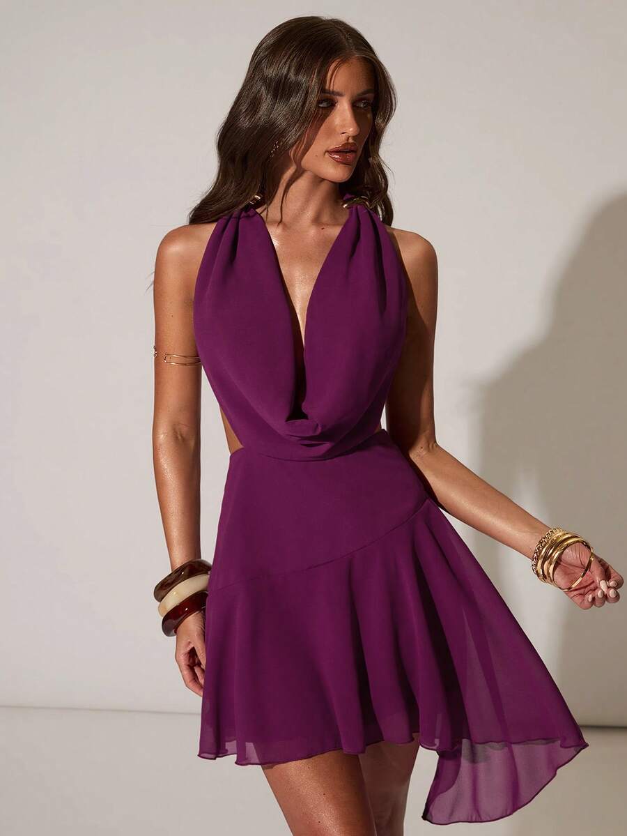 SHEIN BAE Vestido mini de línea A con decoración metálica, escote halter y espalda descubierta, de unicolor, adecuado para citas, vacaciones, fiestas y cumpleaños. Vestido morado, adecuado para citas y fiestas. - Lila Púrpura - Ver 1