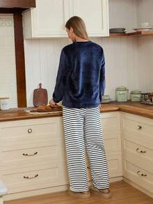 SHEIN Doze Lane Plush Striped Print Letter Embroidered Cozy Long Sleeve Top & Long Pants Women Loungewear Navy Blue Pajama Set, Fluffy Winter Clothes - Navy Blue - View 2