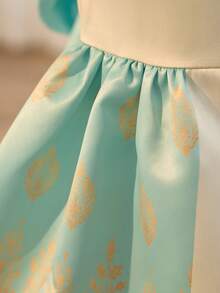 SHEIN Babygirl Elegant & Cute Colorblock Bow Floral Print Dress - Green - View 7