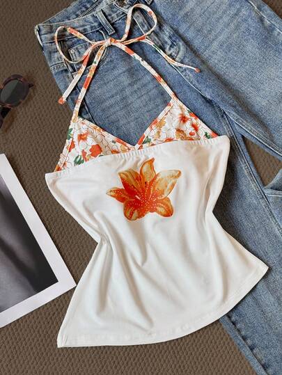 Glimmora Women's Summer Vacation Floral Print Backless Sexy Camisole