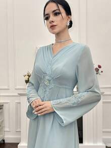 Yasmyna Conservative & Elegant 3D Floral Women Arabic Style Dress  Dusty Blue Dress Baby Blue Elegant Dress Butterfly Dress Light Blue Long Dress - Green - View 4