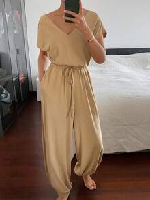 DAZY 女士极简V领收腰针织连体裤，家居服