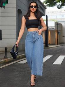 SHEIN ICON Quần jeans ống đứng cạp chun, gấu quần rách tua rua dành cho nữ cỡ lớn, màu xám nhạt. - Rửa nhẹ - Xem 8