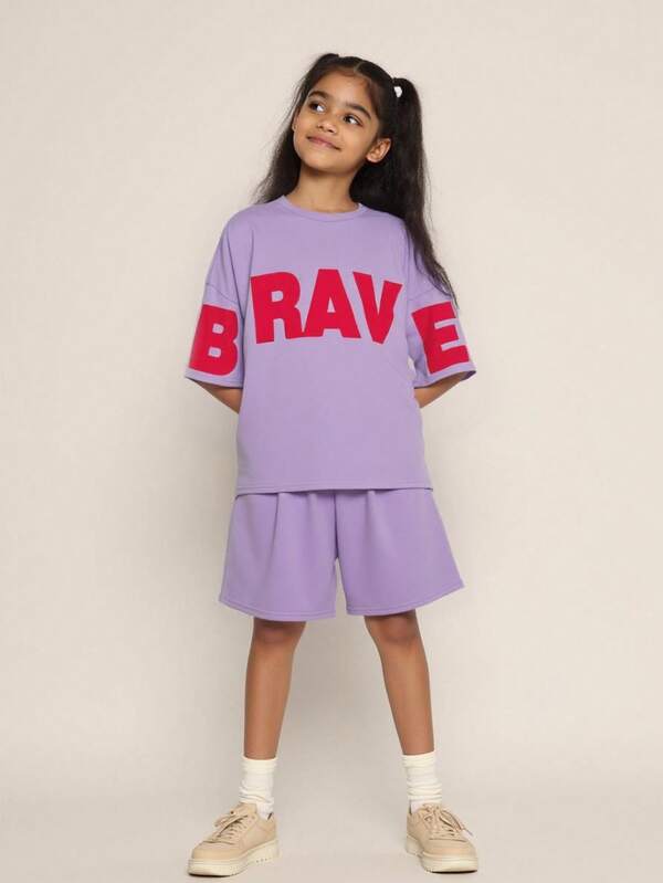 SHEIN 2pcs Tween Girls Casual Loose Fit Letter Graphic Comfortable Round Neck Short Sleeve T-Shirt And Shorts Set