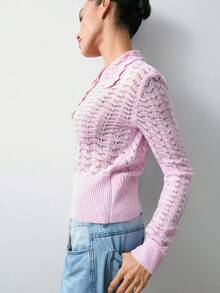 Maija Valentine's Day Pink Long Sleeve Semi-Sheer Crochet Knit Sweater Spring Women Holidays For Women - Pink - View 9