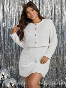 Comfylo Plus Size Elegant Tweed Jacket With Gold Buttons And Dress 2 Pieces Set - White - View 10
