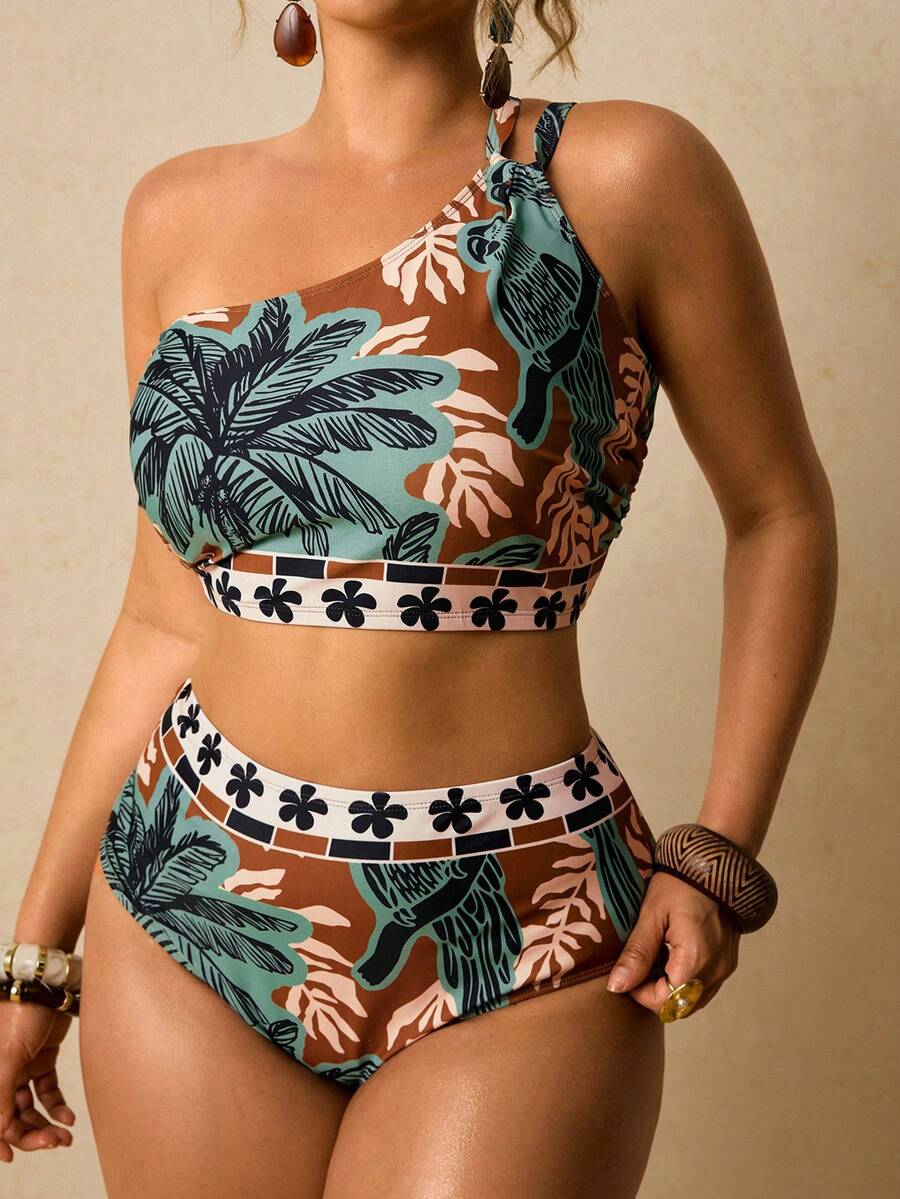 Travachic Bộ bikini cỡ lớn in họa tiết nhiệt đới, khoét eo, kiểu cổ yếm, thích hợp cho kỳ nghỉ hè trên bãi biển. - màu nâu - Xem 1