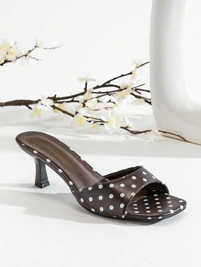 SHUZIA Women's Square Toe Kitten Heel Polka-Dot Pu Coffee Slide Sandals – Retro-Chic Print, Sleek Low Heel & Effortlessly Playful Style Valentine's Day
