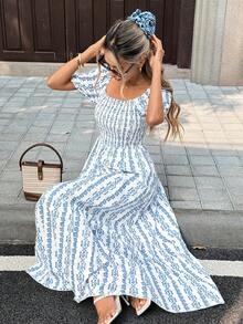 Pariaura Women's Casual All-Over Print Square Neck Dress - Blue and White - View 1