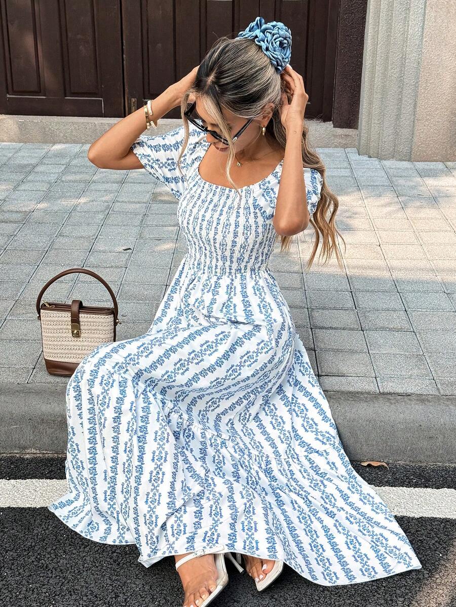 Pariaura Women's Casual All-Over Print Square Neck Dress - Blue and White - View 1