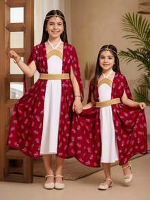 SHEIN 2pcs/Set Young Girl Ditsy Floral Woven Casual Top And Classic Floral Embroidered Elegant Vintage Casual Modest Abaya Dress, Suitable For Young Girls In Spring/Summer, Graceful Long Sleeve Maxi Dress, Prayer Abaya, Easy Comfort, Casual Wear, Vacay Vibes, Modest Kaftan, Kids Jalabiya Cute Cartoon Star & Moon Print, Elegant Long Sleeve Maxi Dress, Kids Prayer Abaya, Easy Comfort, Casual Wear, Modest Kaftan, Kids Jalabiya Long Maxi Dress For Kids Kids Arabic Dress Dresses With Cape For Kids Girls - Red - View 1