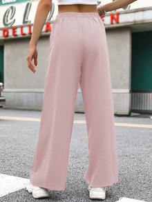 SHEIN Unity Women's Casual Solid Color Basic Pocket Wide Leg Pants - Baby Pink - View 2