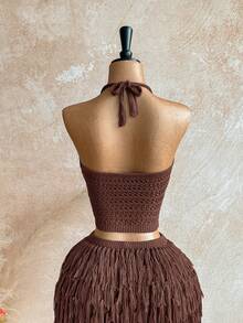 Soleia Bộ đồ 2 món dành cho nữ: áo crop top cổ chữ V buộc dây sau lưng và chân váy ngắn tua rua, thích hợp cho tiệc tùng, Giáng sinh, hẹn hò, đi club, phong cách boho, du lịch, mùa thu. - Cà phê nâu - Xem 3