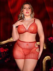 SHEIN 3pcs Plus Size Lace Sexy Lingerie Set - Red - View 3