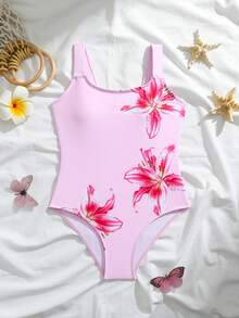 少女夏季海滩度假百合花印花圆领连体泳衣 - 粉色 - 查看 2