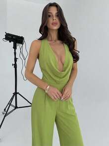 Firerie 优雅现代通勤浪漫约会性感派对海滩度假露背深V收腰白色阔腿裤，适合节日、情人节、婚礼季 - 綠色 - 查看 7