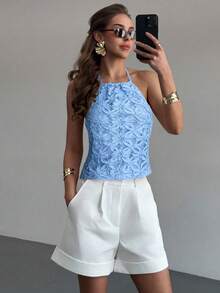 Aloruh Top halter con espalda descubierta y nudo delantero, de unicolor y estilo jacquard, casual y sexy para vacaciones, de verano - Celeste - Ver 4