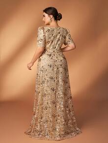 Serin Plus Size Elegant Gold Sequin Embroidered Square Neck Short Sleeve A-Line Dress,Spring Formal Evening Wedding Party Gown Mother Of Groom And Bride - Champagne - View 3
