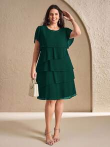 Chikora Đầm tay ngắn xếp lớp cổ tròn màu trơn cỡ lớn - Màu xanh lá cây đậm - Xem 6