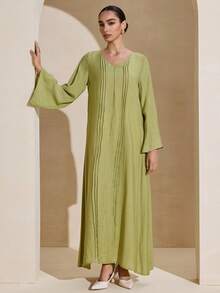 Graceveil V-Neck Straight Sleeve Striped Light Green Dress - Green - View 7