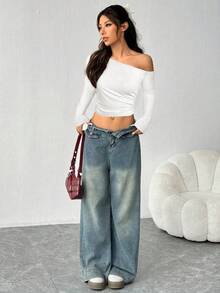 SHEIN EZwear 亮片针织女式新款音乐节不对称肩部短款褶皱长袖T恤 - 白色 - 查看 6