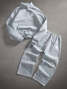 PAVTROS 男士休闲字母印花拉链卫衣和运动裤套装，秋季男士运动套装，包含卫衣和运动裤，Y2K风格男士两件套，男士街头风两件套运动裤 - 灰色 - 查看 3