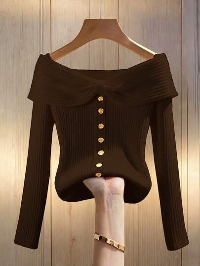 Franclia 女士纯色杏色针织弹力修身罗纹高领蝴蝶结纽扣装饰长袖露肩T恤，休闲法式优雅杏色上衣，秋冬季百搭日常穿着