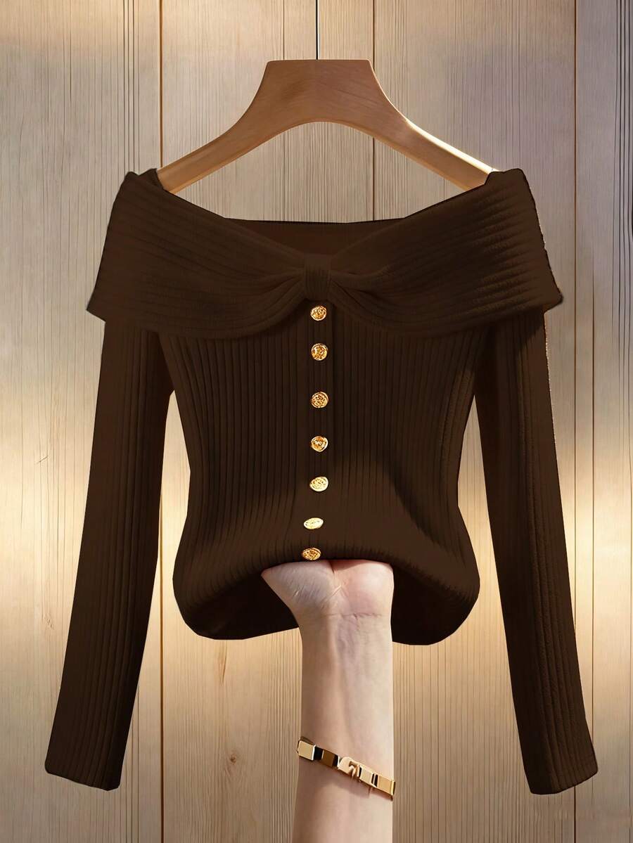 Franclia 女士纯色杏色针织弹力修身罗纹高领蝴蝶结纽扣装饰长袖露肩T恤，休闲法式优雅杏色上衣，秋冬季百搭日常穿着 - 棕色 - 查看 1
