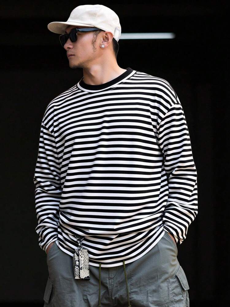 Men's Black & White Striped Crew Neck T-Shirt, Autumn