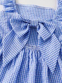 少女荷叶边袖蝴蝶结露背方领格子连衣裙 - 杏色 - 查看 5