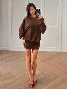 Aloruh Đầm dài tay hở lưng cánh dơi màu đỏ rượu vang trơn mới cho nữ mùa Thu/Đông, đầm Giáng sinh, đầm ngắn gợi cảm. - màu nâu - Xem 7