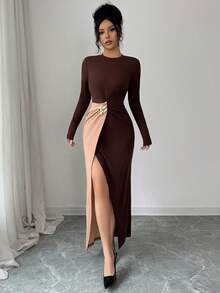 SHEIN Raffinéa Vestido ajustado para mujer, de manga larga con hombros regulares, con abertura en el bajo, decoración de botones metálicos, versátil para uso diario, estilo de moda - Multicolor - Ver 5