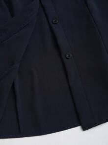 Sweetra Chemise simple à boutons devant avec nœud décoratif, couleur unie, pour femmes, automne - Bleu marine - Voir 5