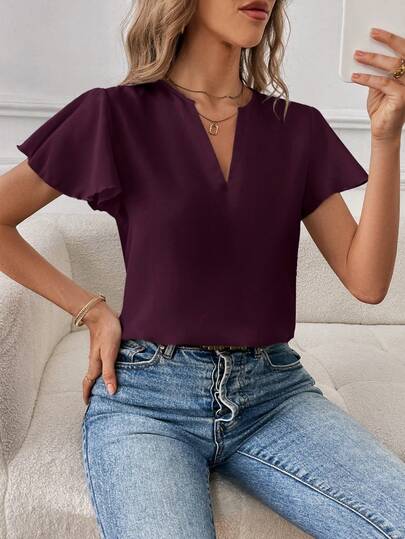 SHEIN Essnce Fashionable Casual Red Violet Short Ruffle Sleeve Blouse With Notched Neckline Regular Length Top V Neck Blouses For Women Business Casual Tops Woman